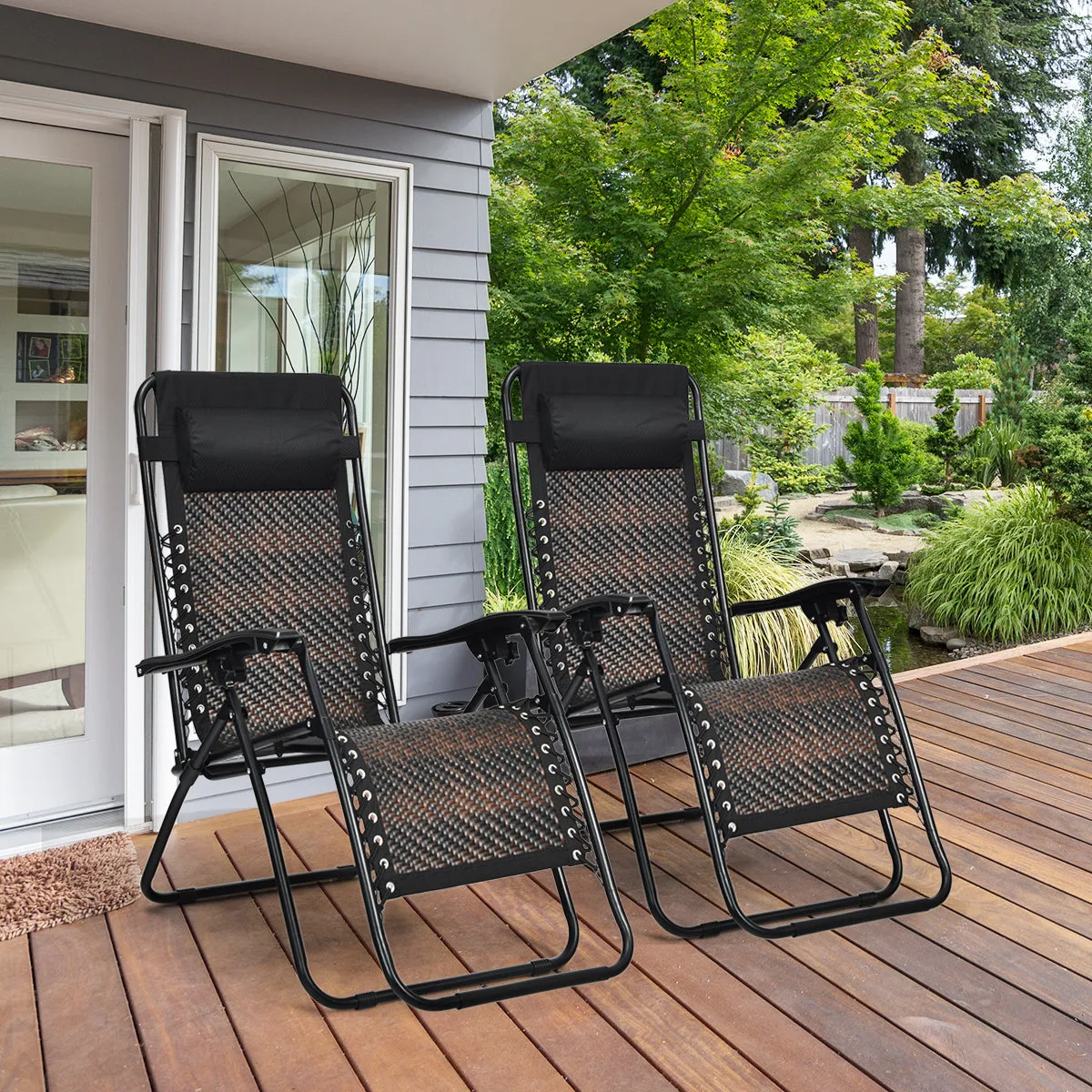 2 Pcs Rattan Folding Sun Lounger Reclining Chair with Removable Headrest-Brown