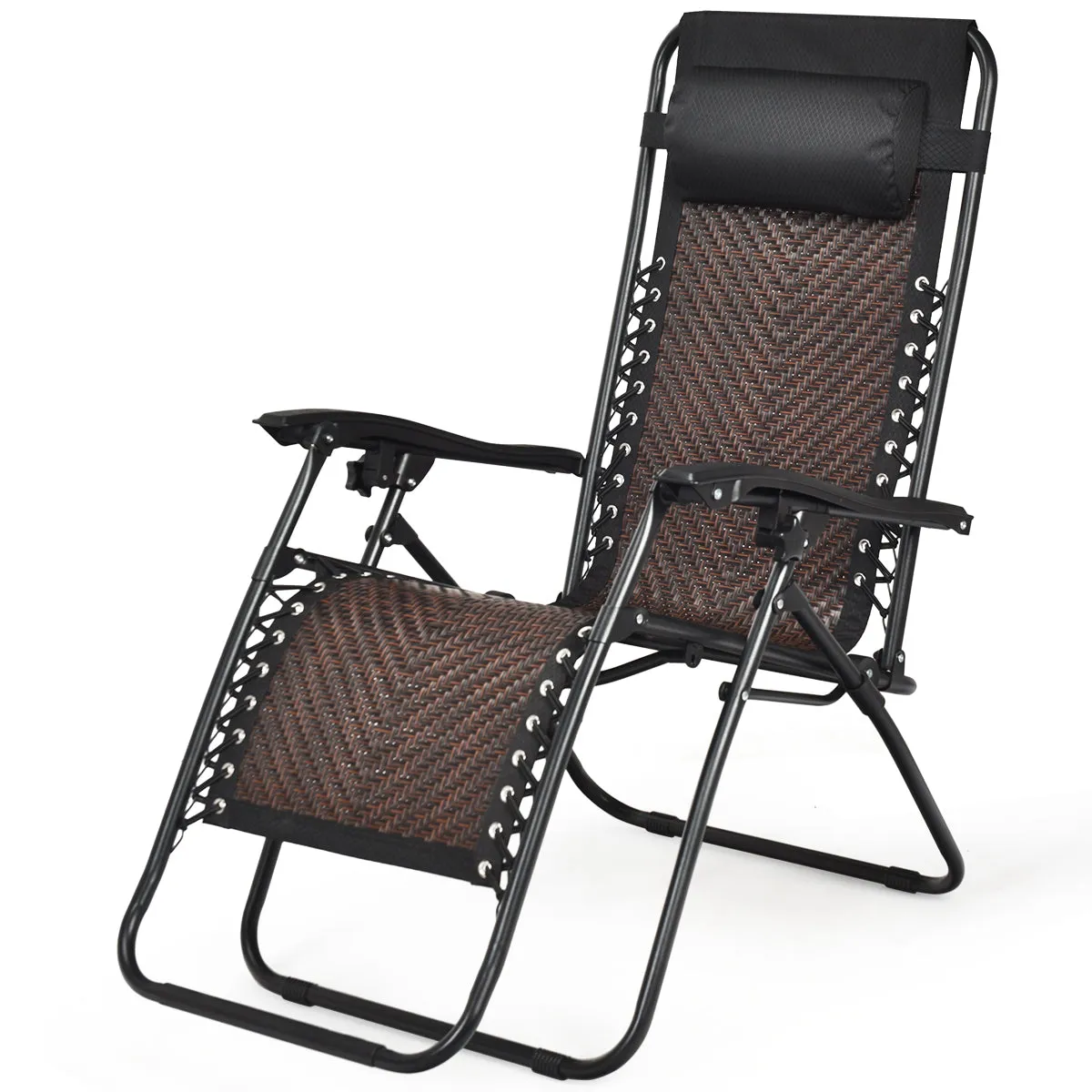 2 Pcs Rattan Folding Sun Lounger Reclining Chair with Removable Headrest-Coffee