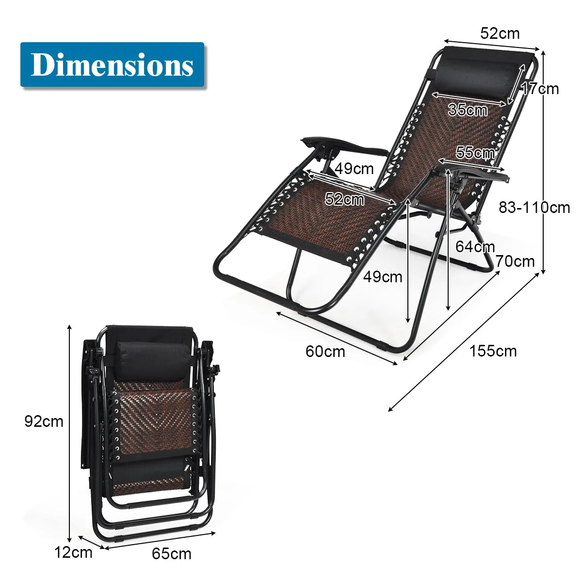 2 Pcs Rattan Folding Sun Lounger Reclining Chair with Removable Headrest-Coffee