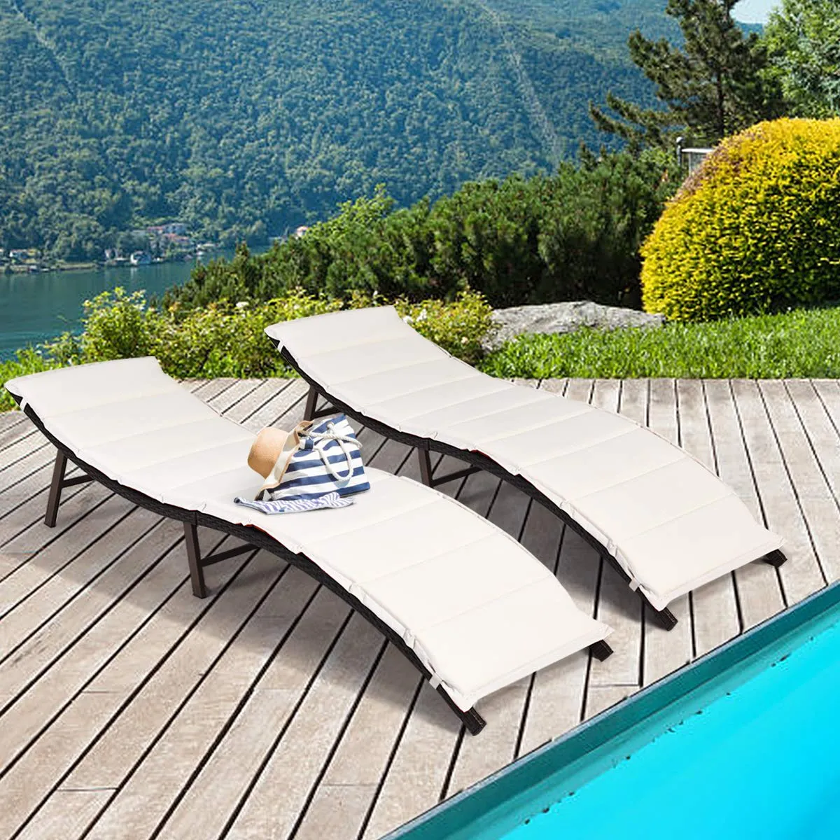 2 Pieces Patio Rattan Chaise Lounge, Outdoor Wicker Lounge Chair