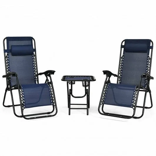 3 pcs Folding Portable Zero Gravity Reclining Lounge Chairs Table-Navy