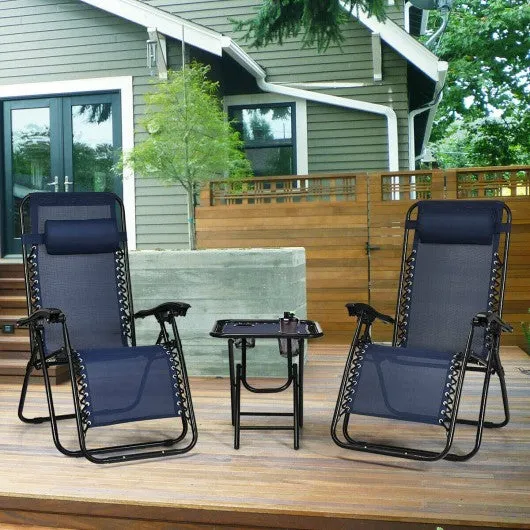 3 pcs Folding Portable Zero Gravity Reclining Lounge Chairs Table-Navy