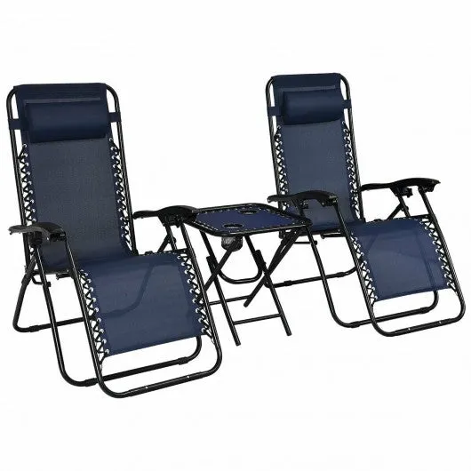 3 pcs Folding Portable Zero Gravity Reclining Lounge Chairs Table-Navy