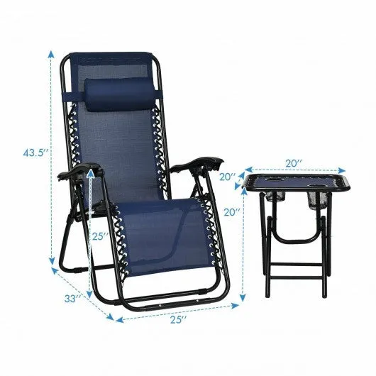 3 pcs Folding Portable Zero Gravity Reclining Lounge Chairs Table-Navy