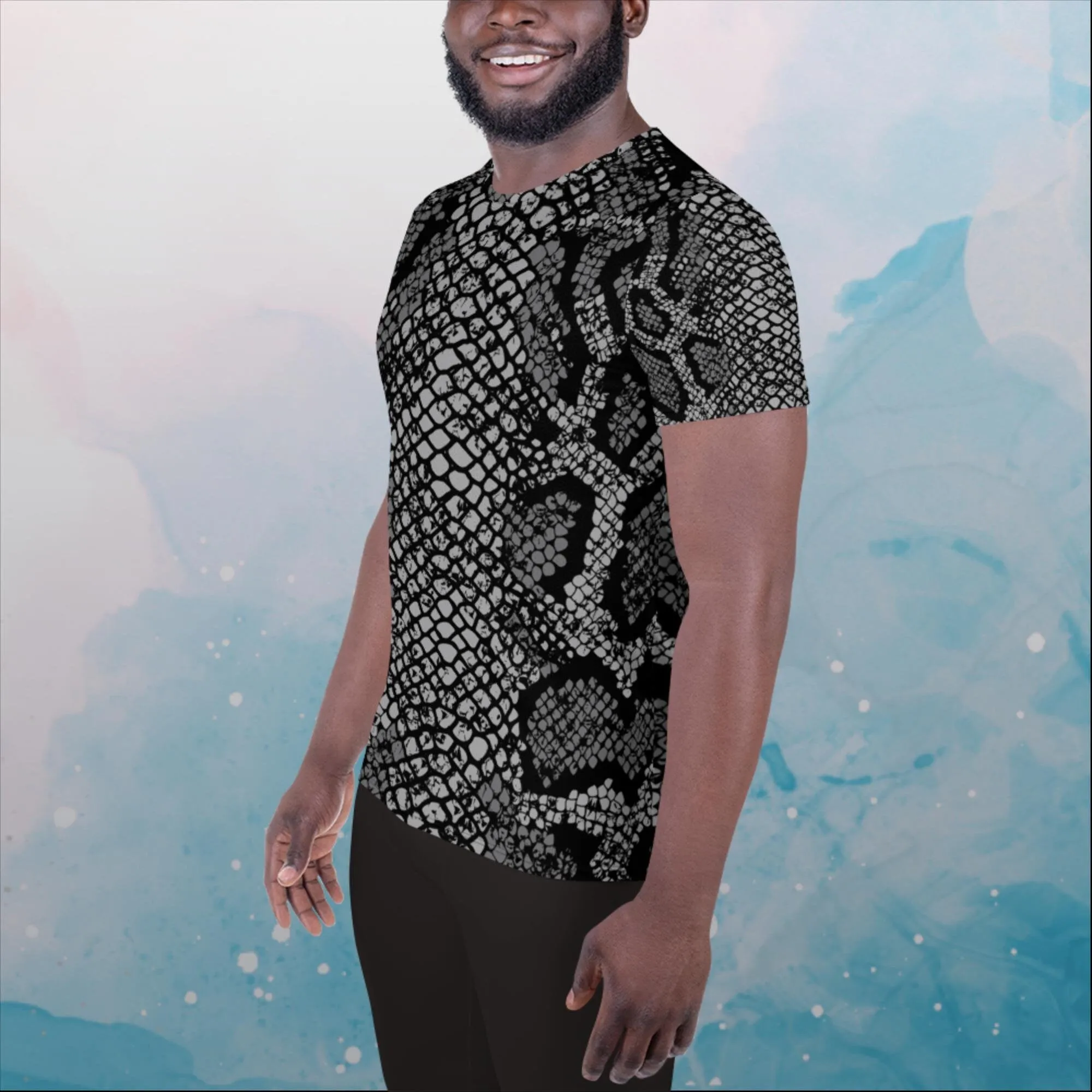 Black Snake Skin Print Mens Athletic Tee shirt