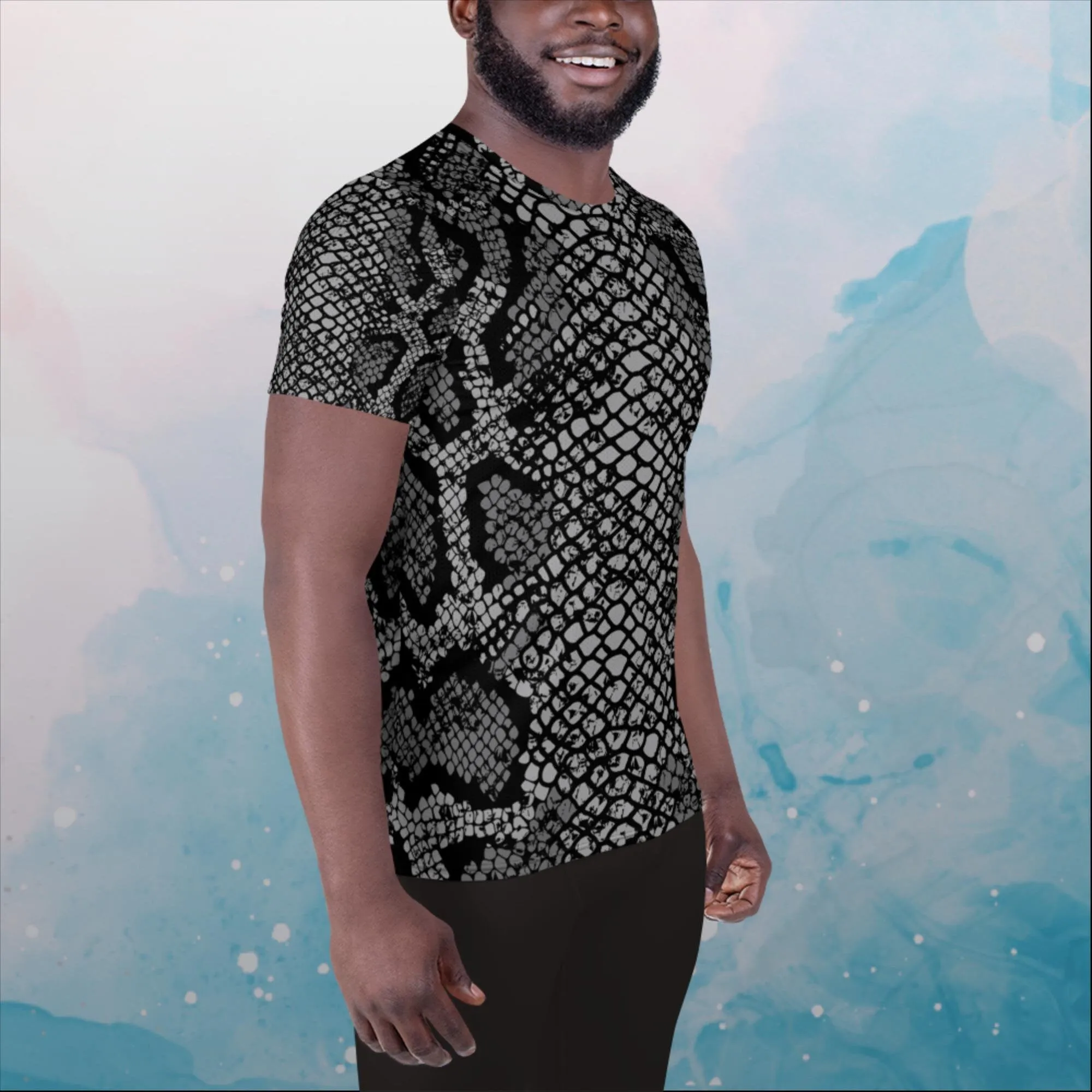 Black Snake Skin Print Mens Athletic Tee shirt