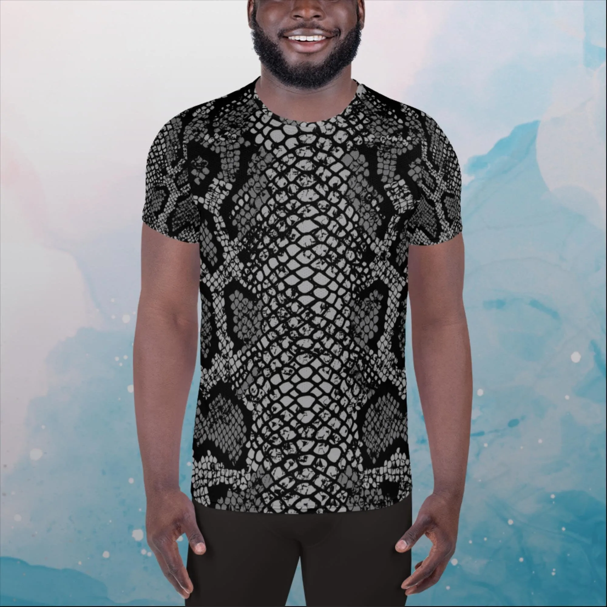 Black Snake Skin Print Mens Athletic Tee shirt