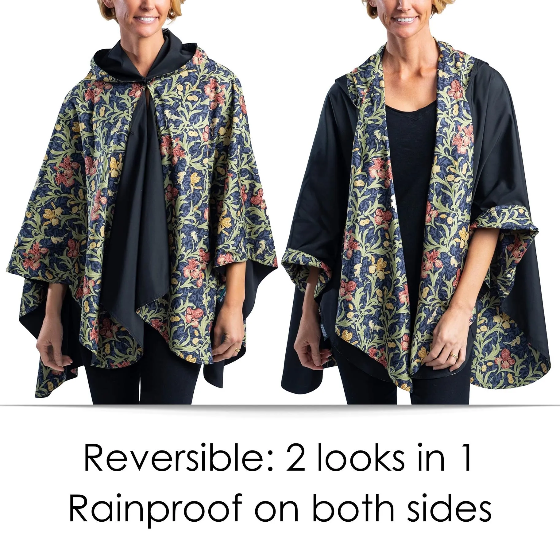 Black William Morris Golden Flowers Womens Rain Cape - Rainproof Breathable Rain Poncho