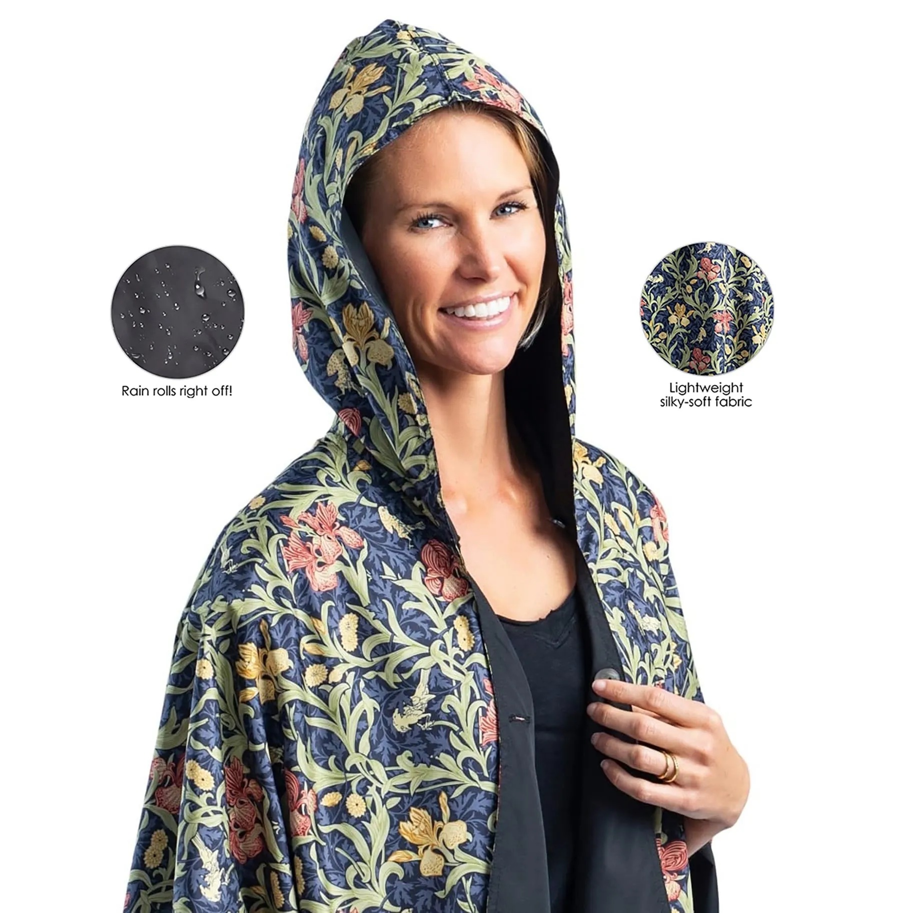 Black William Morris Golden Flowers Womens Rain Cape - Rainproof Breathable Rain Poncho