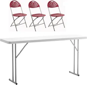 BTExpert 4 Piece Folding Seminar Table Portable and Chair Set, 6-Foot long 18" Wide 29" High Training Table Portable & 3 Adult floral Red Chairs.