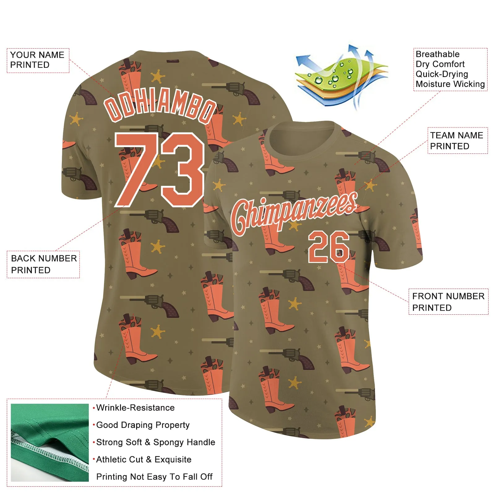 Custom Olive Bay Orange-White 3D Pattern Design Cowboy Accessory Performance Salute To Service T-Shirt