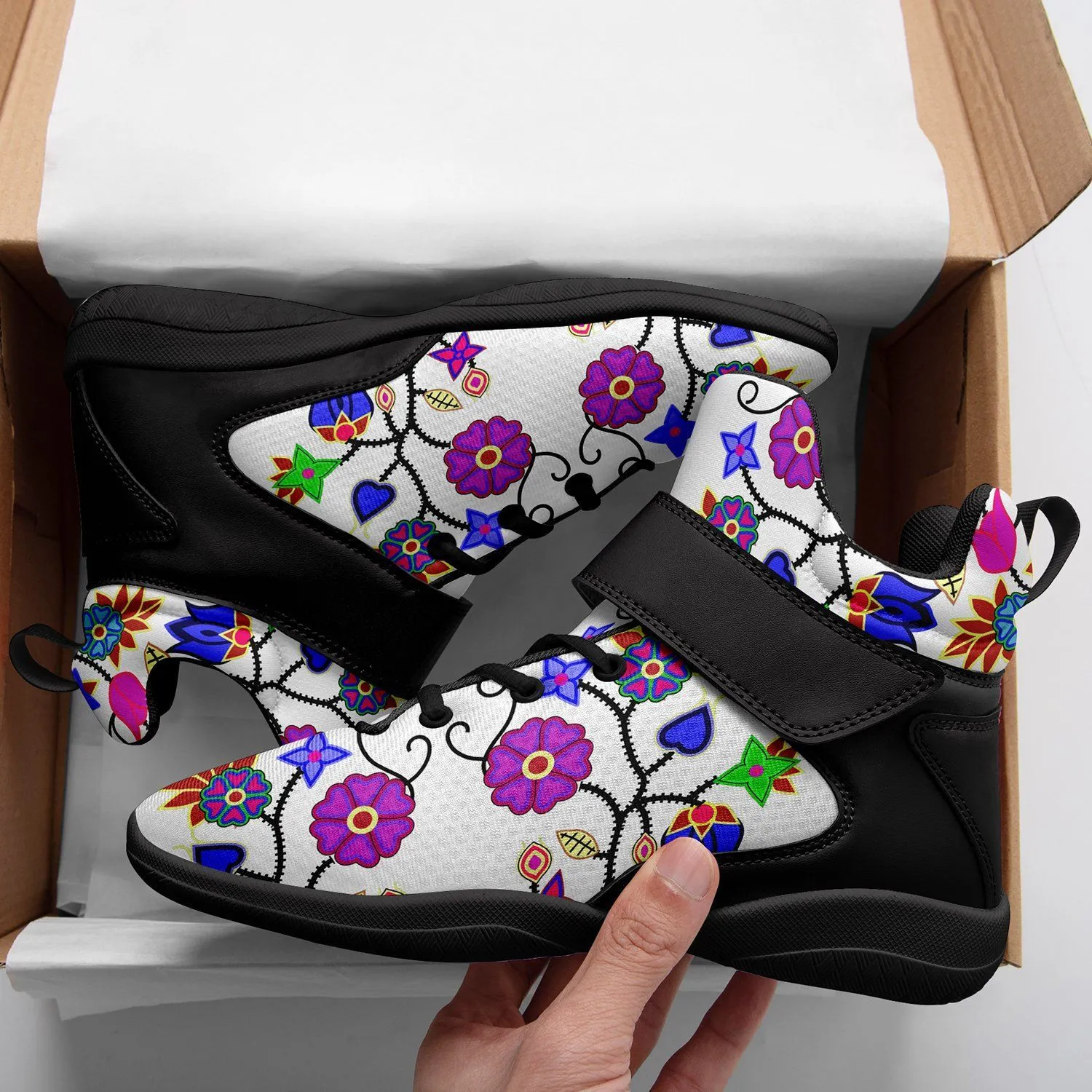 Floral Beadwork Seven Clans White Ipottaa Basketball / Sport High Top Shoes - Black Sole