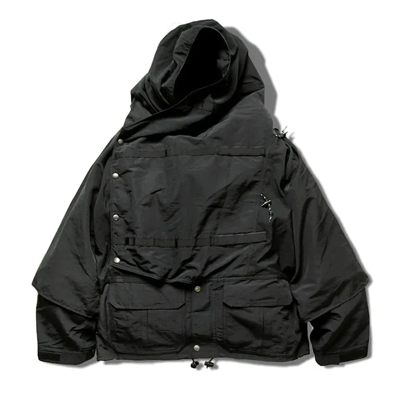 Japanese Retro Stitching Waterproof and Windproof Multifunctional Loose Men's Jacket Hooded Black Coat