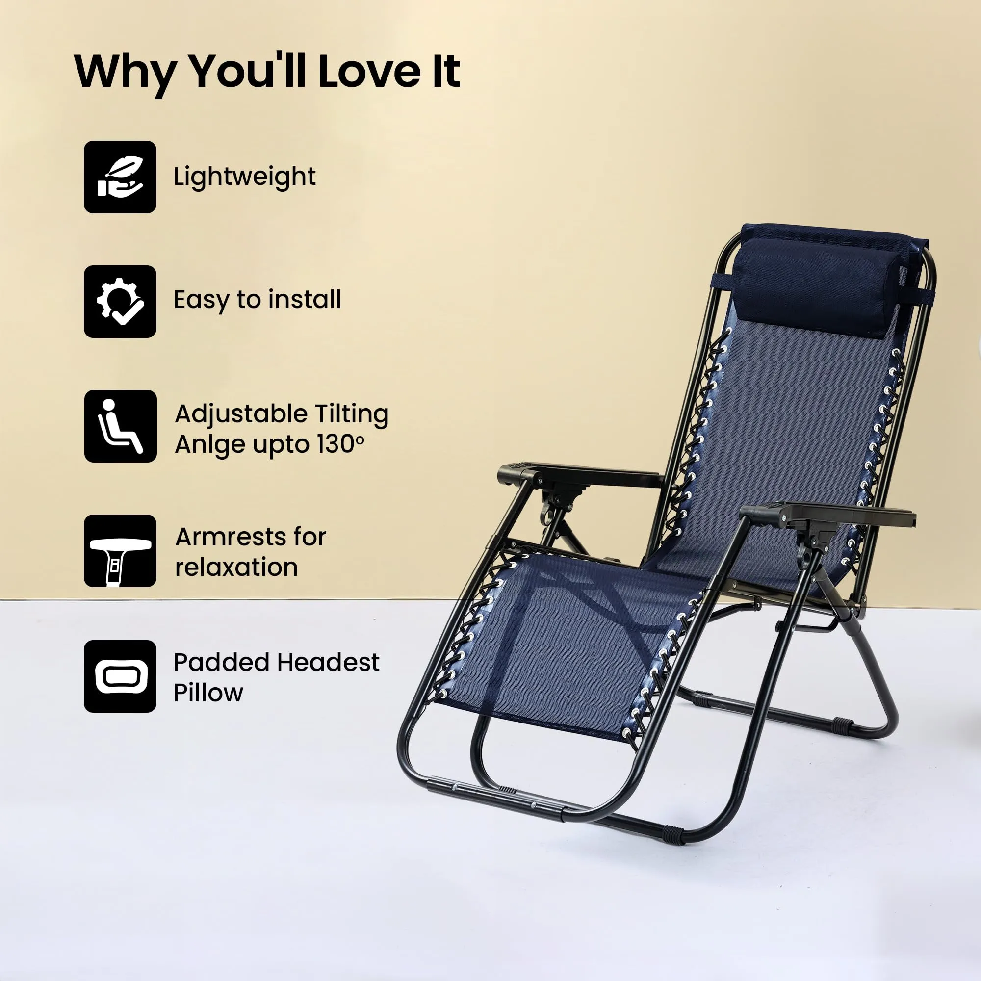 SAVYA HOME Folding Chair for Home-90X66X108CM/Recliner Chair/Camping Chair/Foldable Chairs for Home/Garden Chair/with Detachable Pillow/Lightweight Portable Chair/Weather-Resistant Textilene Fabric