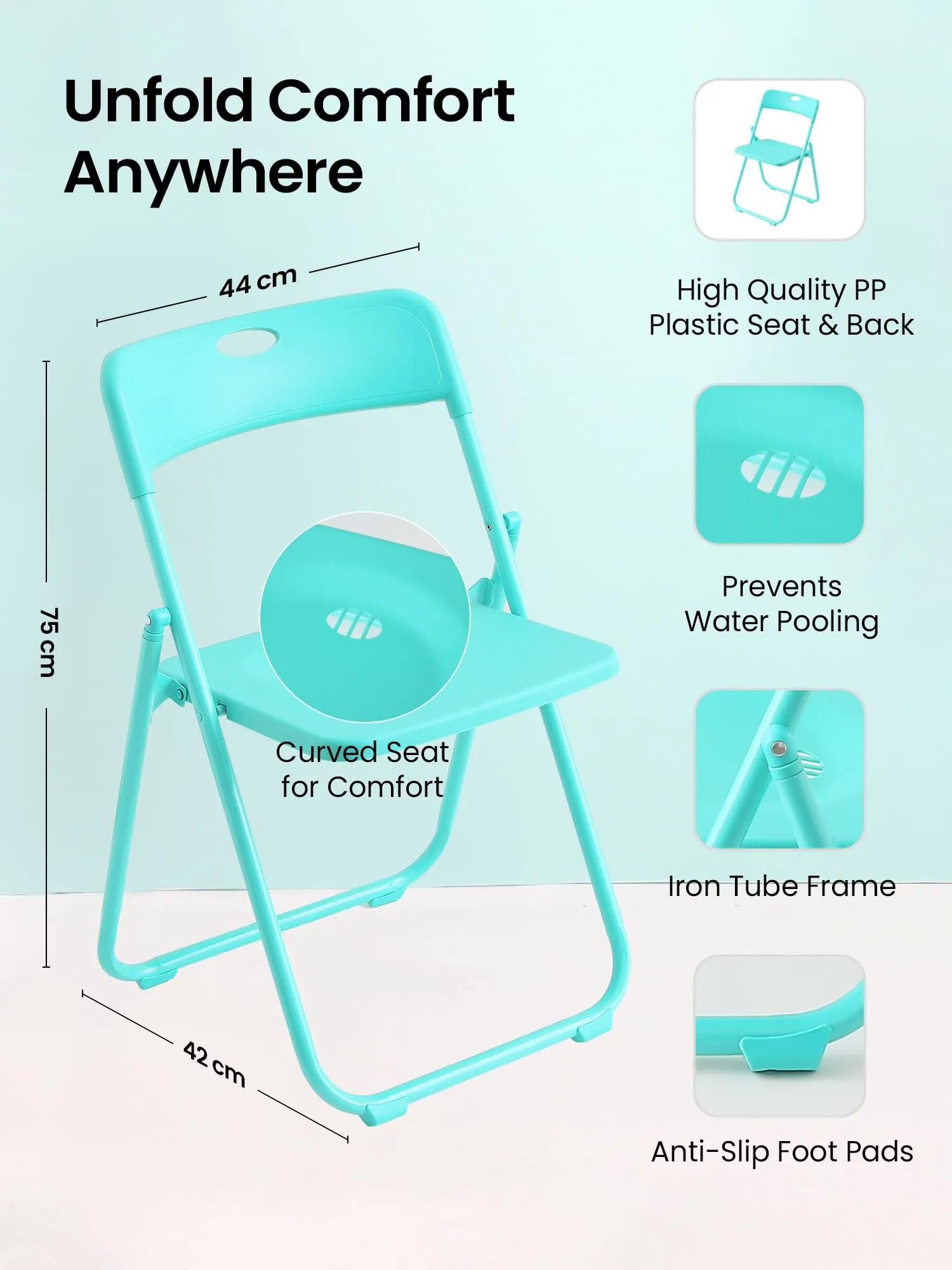 SAVYA HOME Folding Chair for Home, Garden, Terrace, Balcony, Study | Portable & Foldable Chair for Travelling, Camping | Space Saving | Outdoor Camping Chair | Anti Slip Legs | 44*42*75cm- Lake Blue