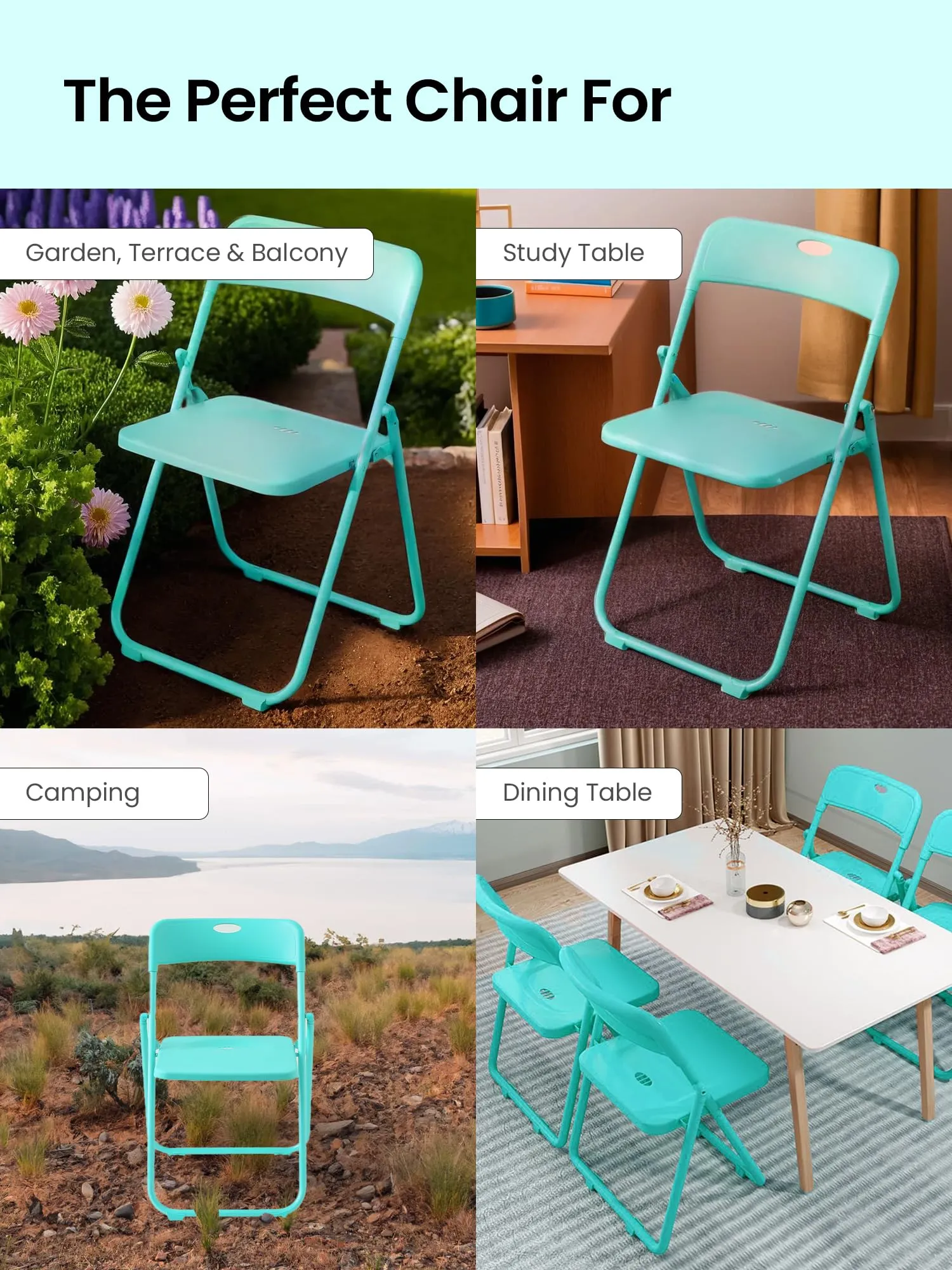 SAVYA HOME Folding Chair for Home, Garden, Terrace, Balcony, Study | Portable & Foldable Chair for Travelling, Camping | Space Saving | Outdoor Camping Chair | Anti Slip Legs | 44*42*75cm- Lake Blue