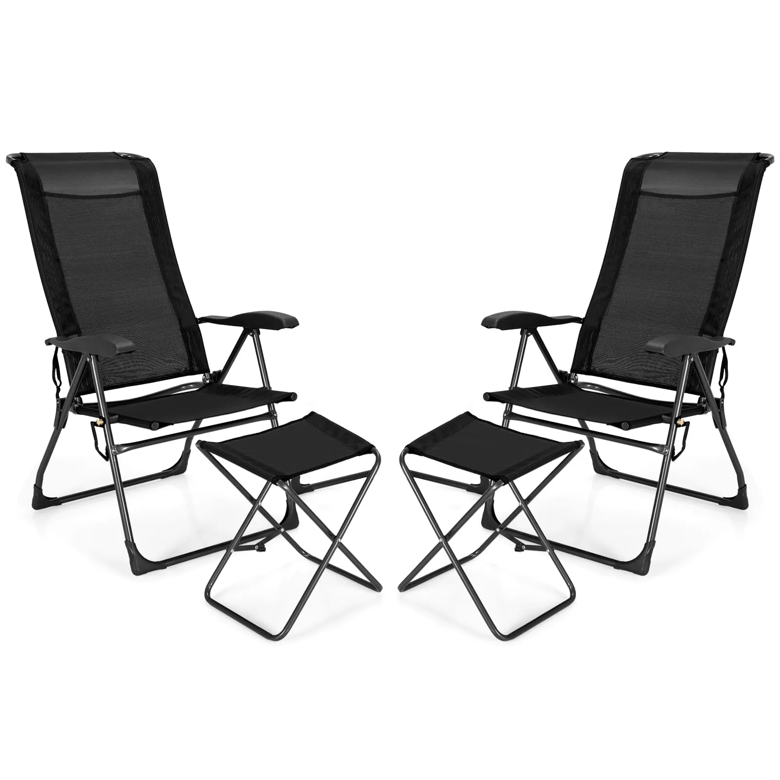 Tangkula Folding Patio Chairs, Set of 2 Outdoor Dining Chairs & Ottomans, Lawn Chairs with 7-Level Adjustable Backrest