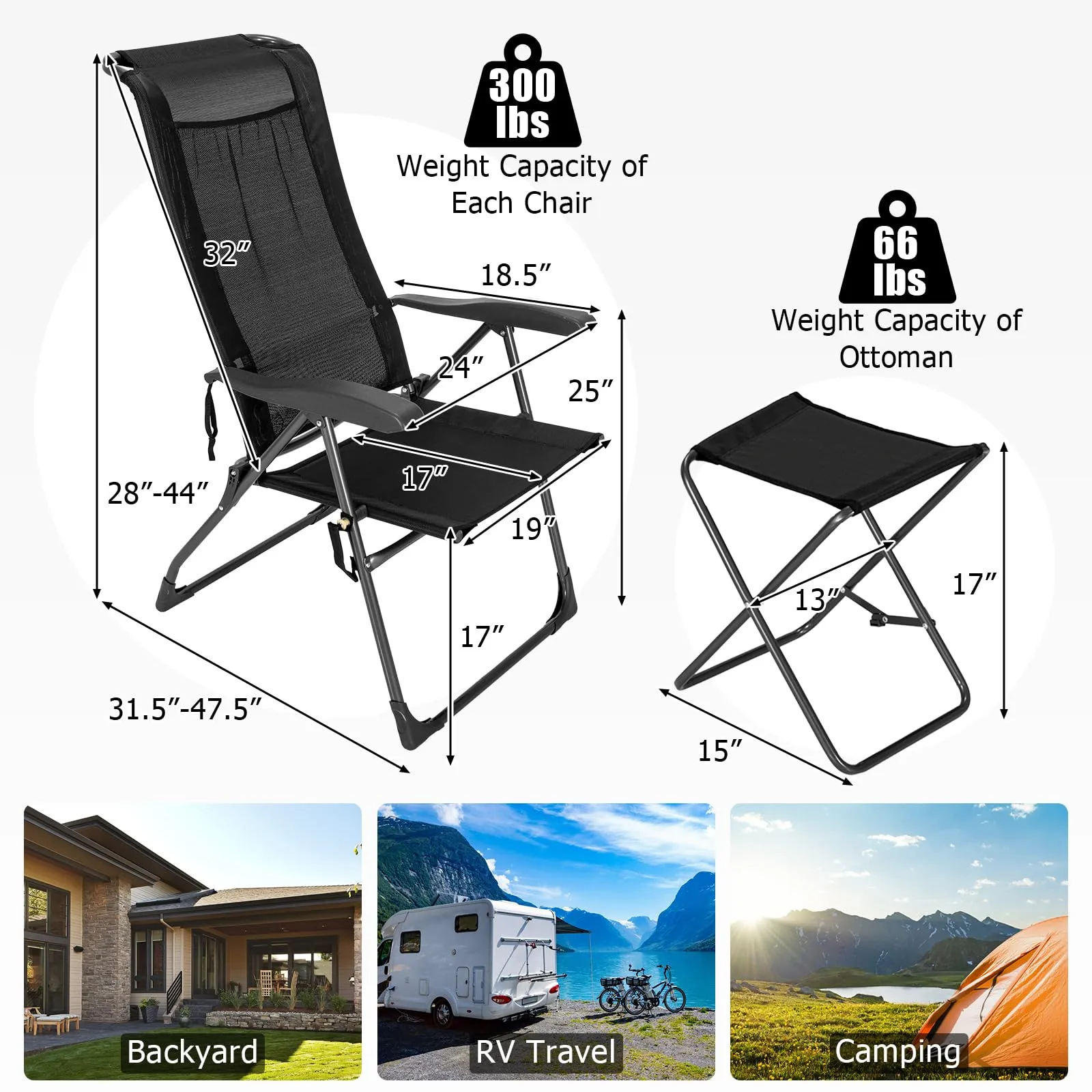 Tangkula Folding Patio Chairs, Set of 2 Outdoor Dining Chairs & Ottomans, Lawn Chairs with 7-Level Adjustable Backrest