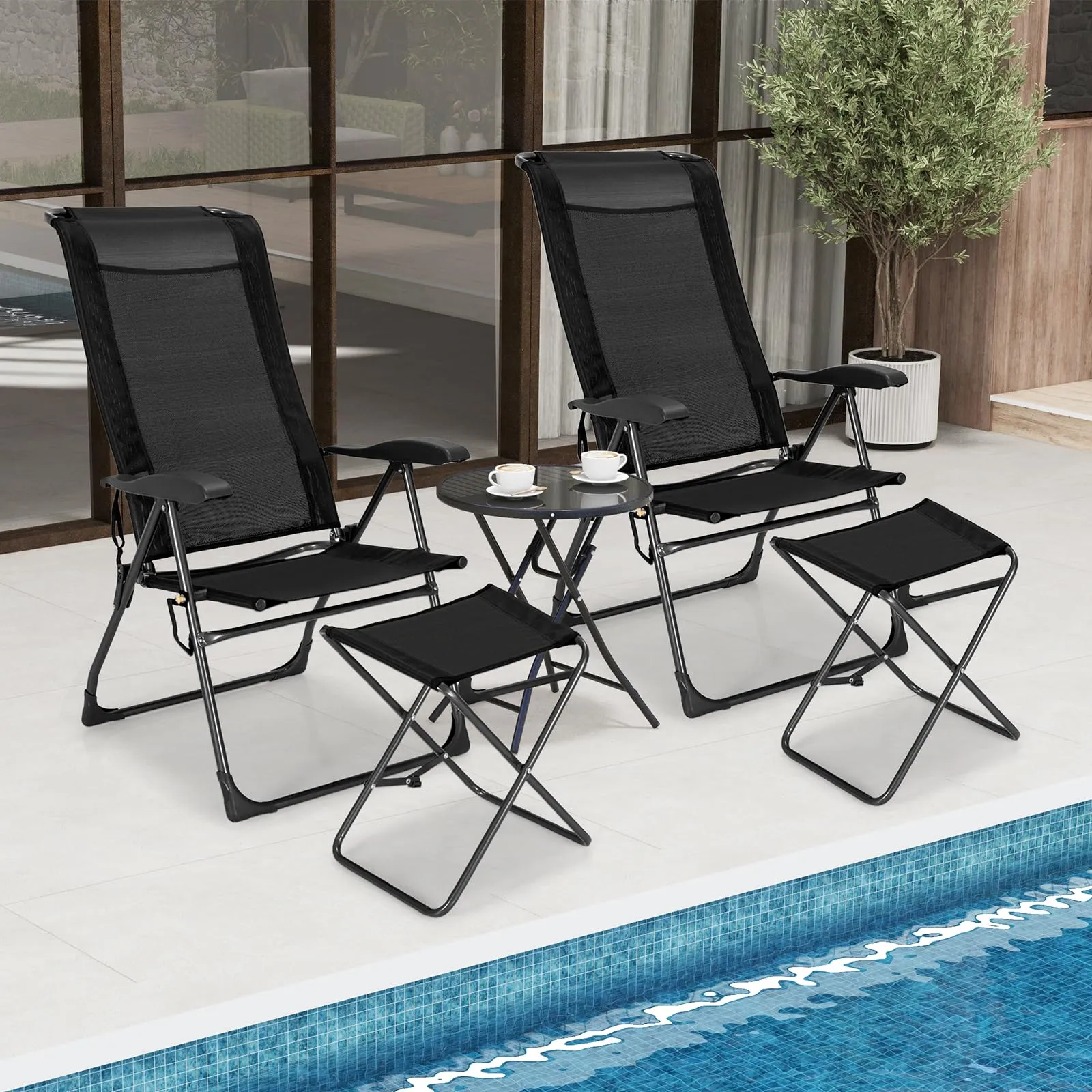 Tangkula Folding Patio Chairs, Set of 2 Outdoor Dining Chairs & Ottomans, Lawn Chairs with 7-Level Adjustable Backrest