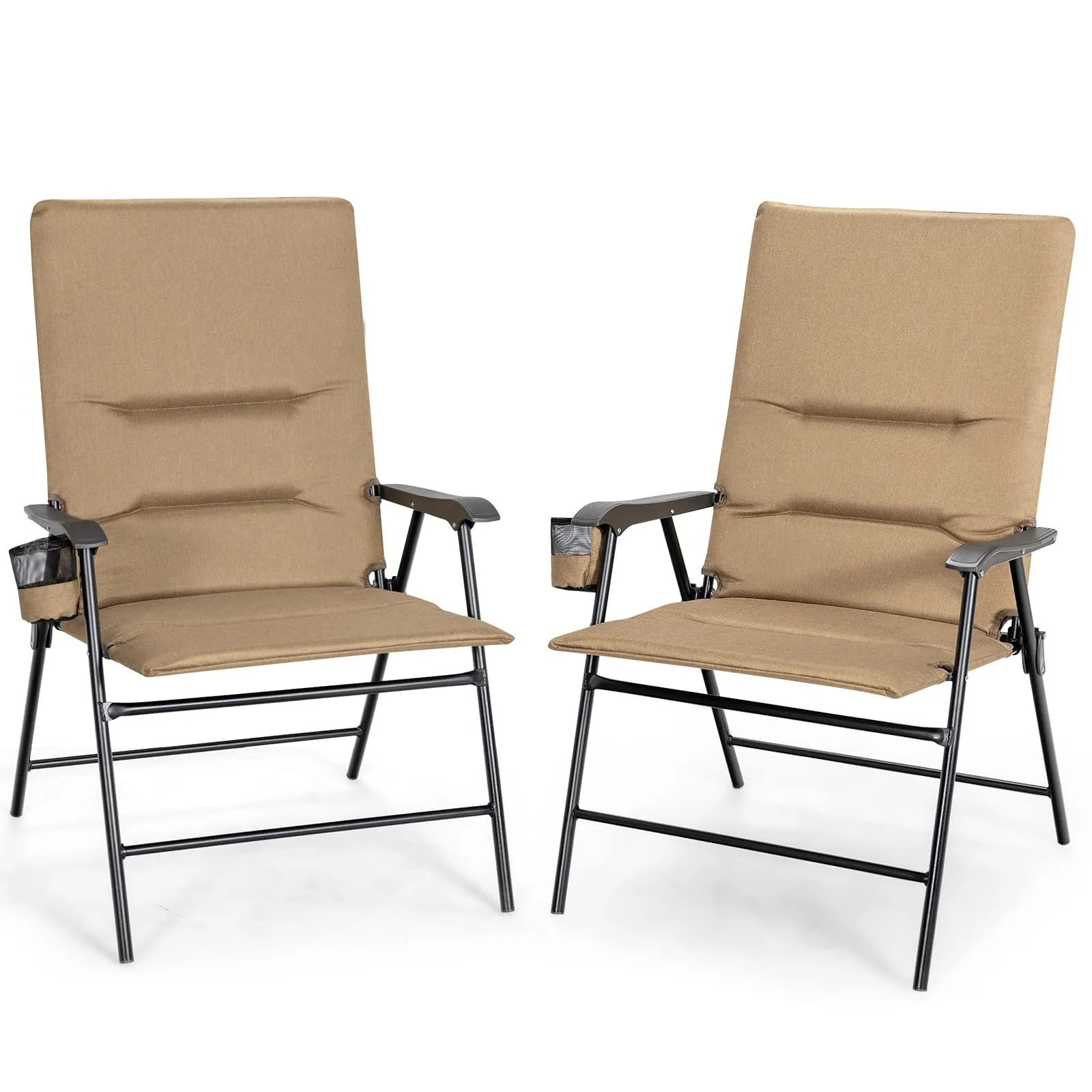 Tangkula Patio Chairs Folding, No Assembly High Back Cushioned Heavy Duty Steel Frame Outdoor Chair with Cup Holder