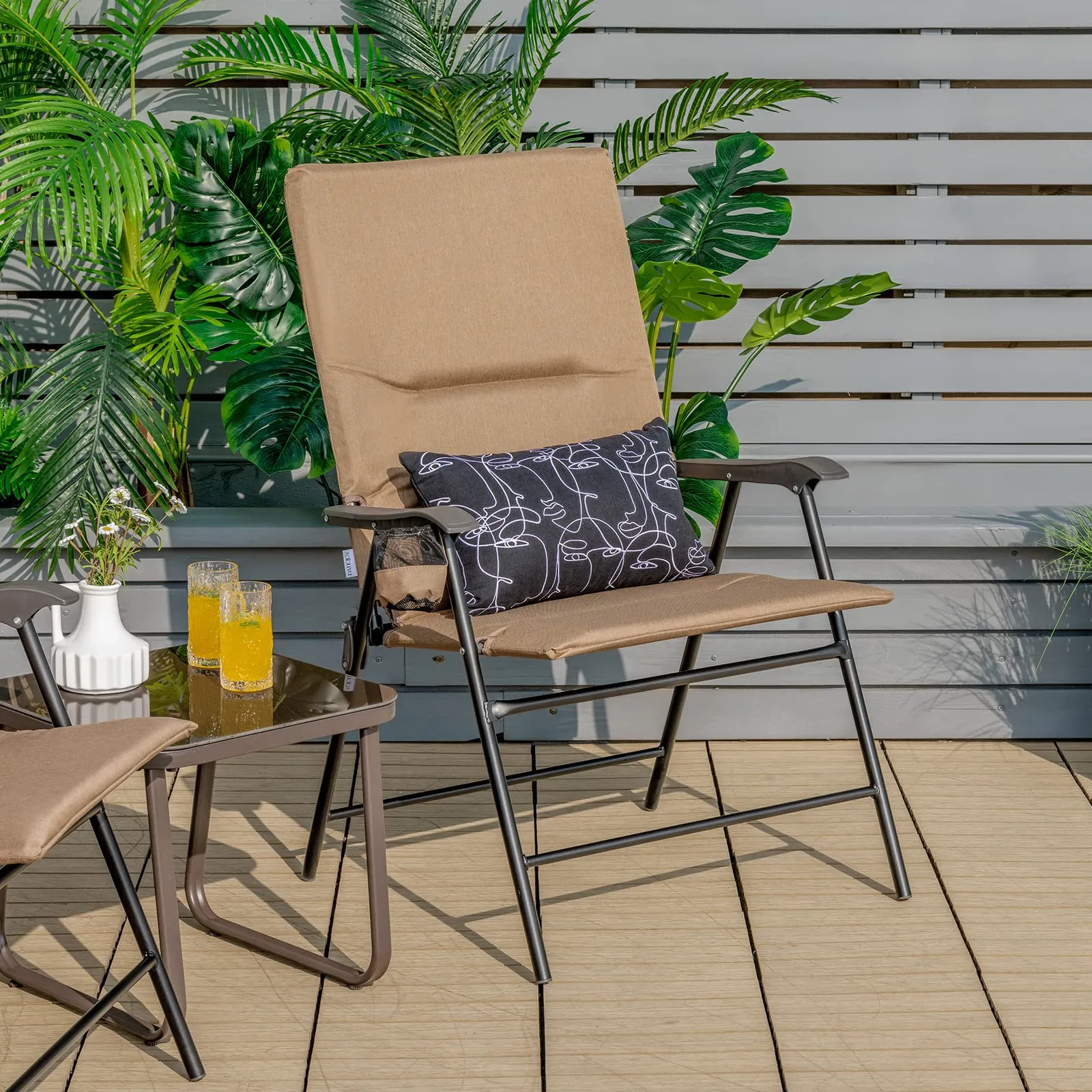 Tangkula Patio Chairs Folding, No Assembly High Back Cushioned Heavy Duty Steel Frame Outdoor Chair with Cup Holder