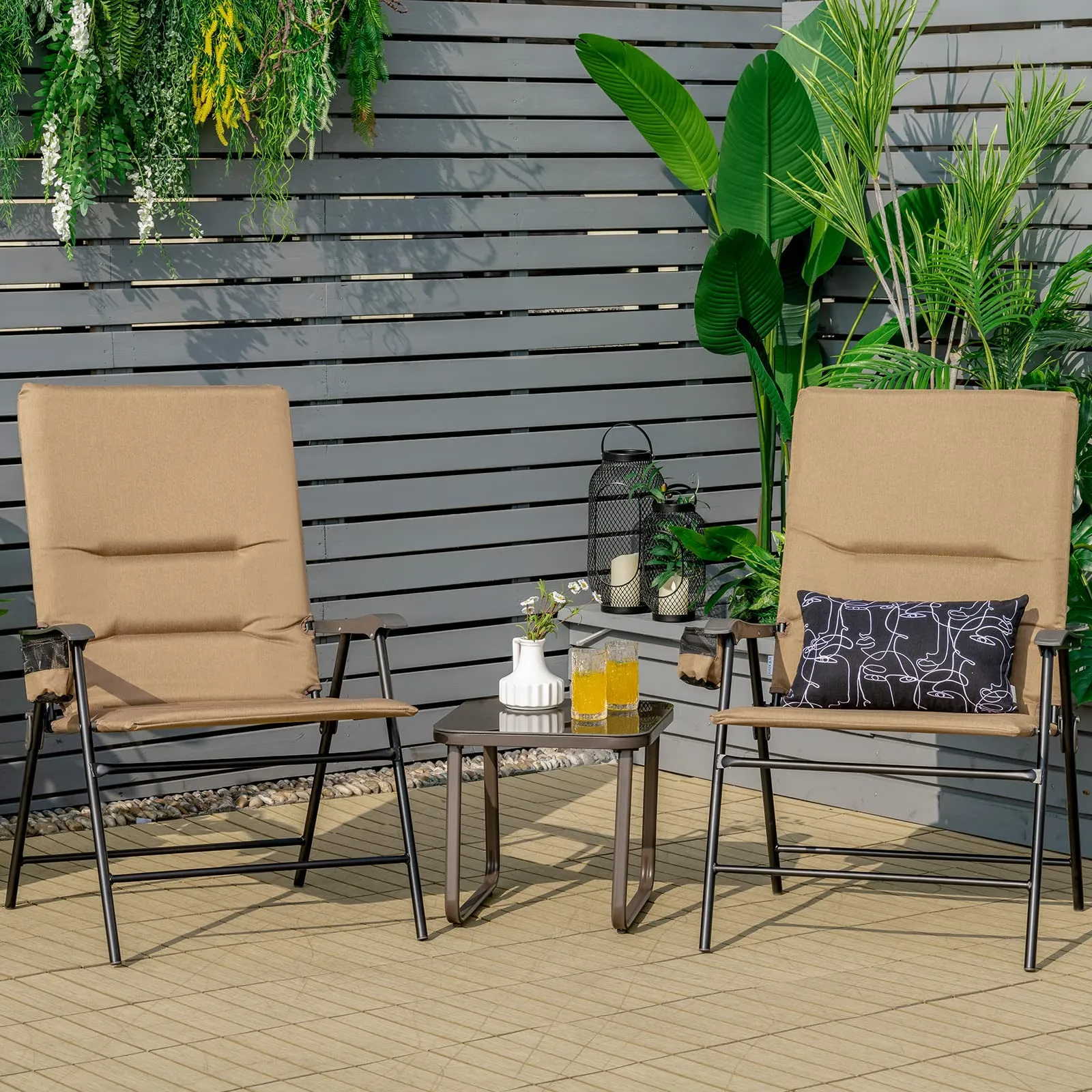 Tangkula Patio Chairs Folding, No Assembly High Back Cushioned Heavy Duty Steel Frame Outdoor Chair with Cup Holder