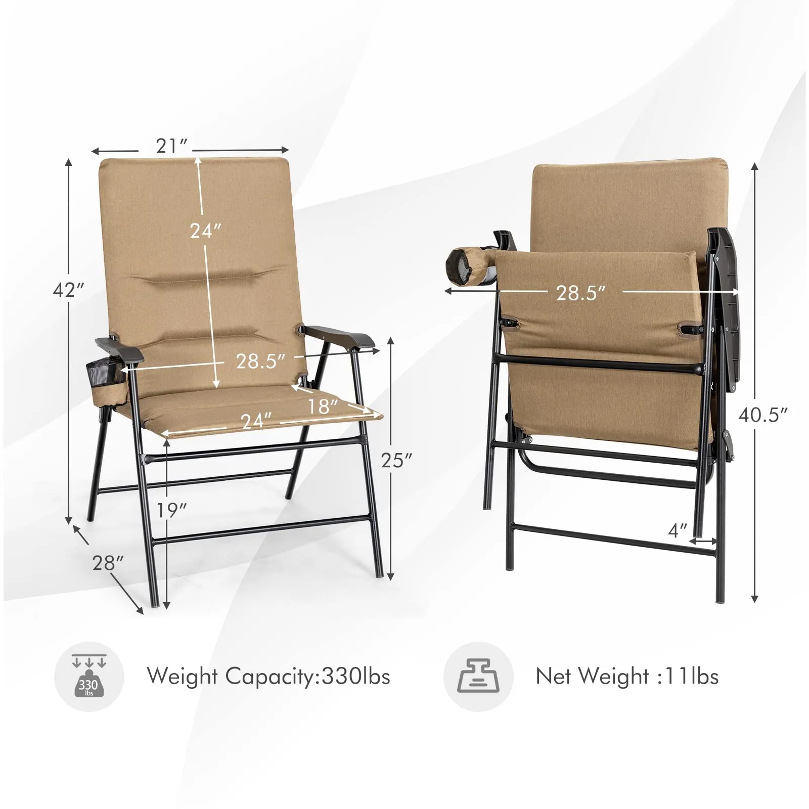 Tangkula Patio Chairs Folding, No Assembly High Back Cushioned Heavy Duty Steel Frame Outdoor Chair with Cup Holder