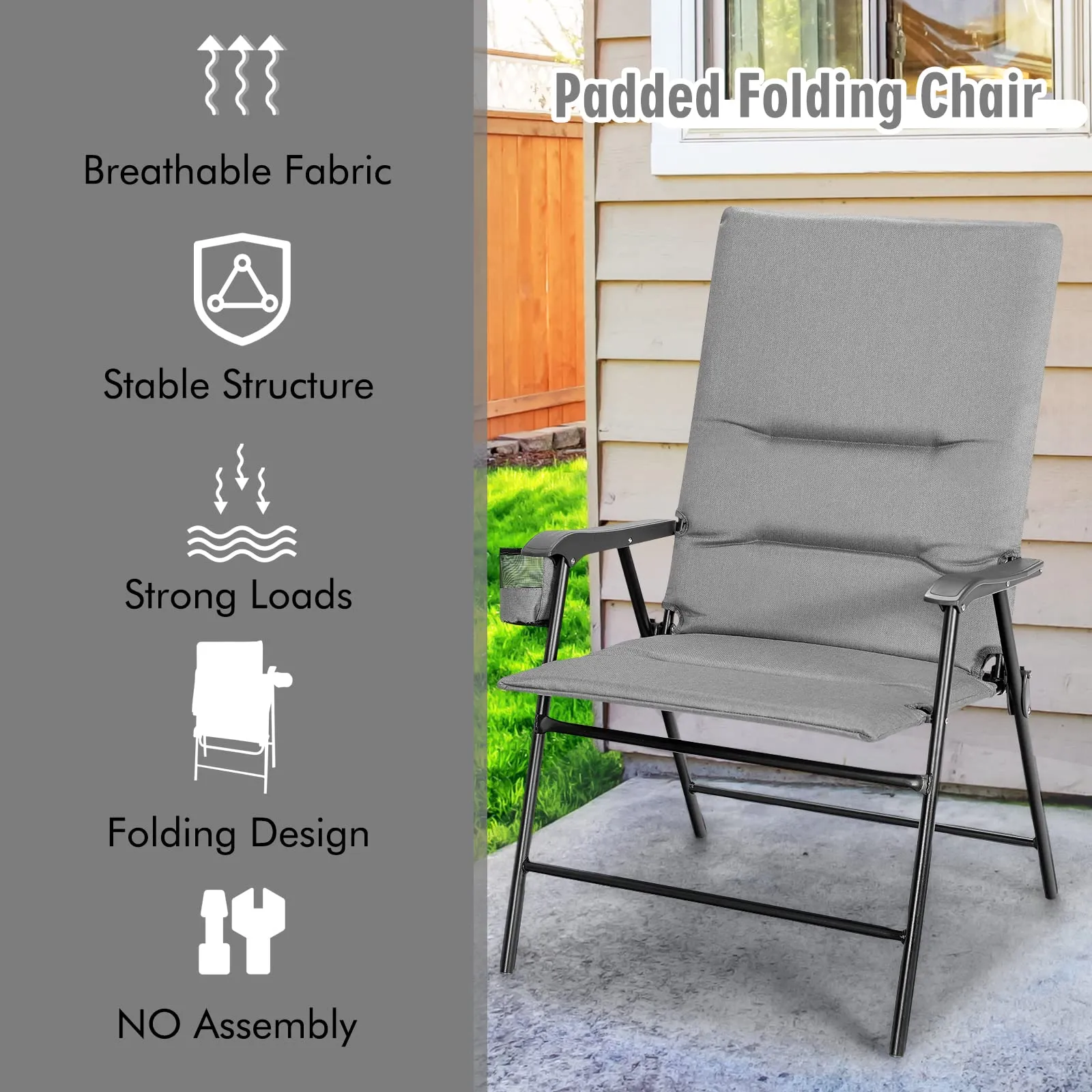 Tangkula Patio Chairs Folding, No Assembly High Back Cushioned Heavy Duty Steel Frame Outdoor Chair with Cup Holder