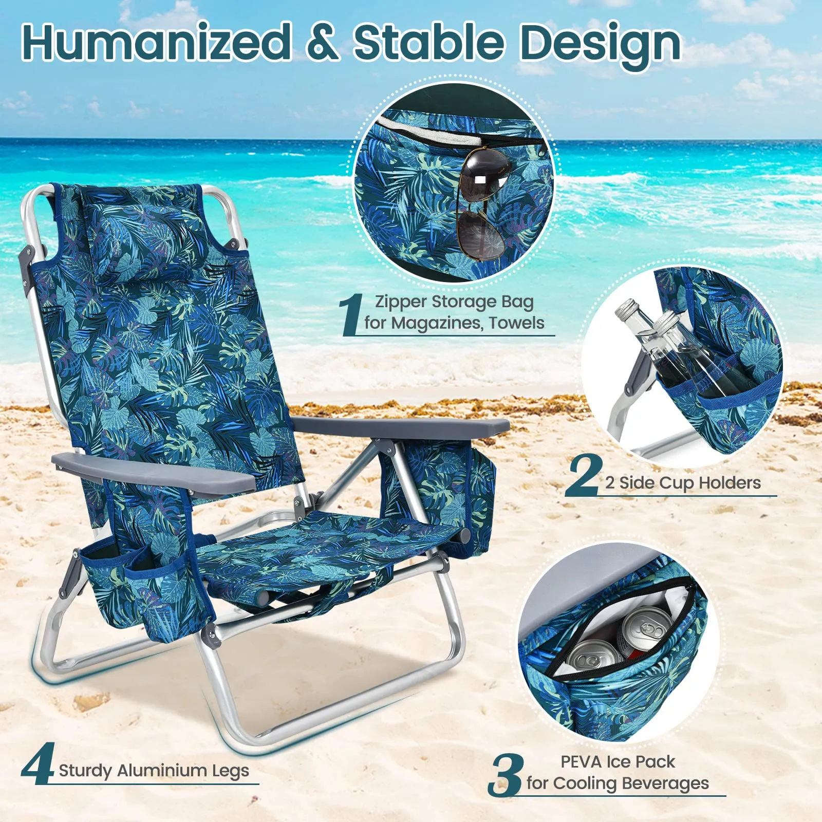 Tangkula Set of 2 Backpack Beach Chair, 5-Position Lay Flat Beach Chairs with Cooler Bag