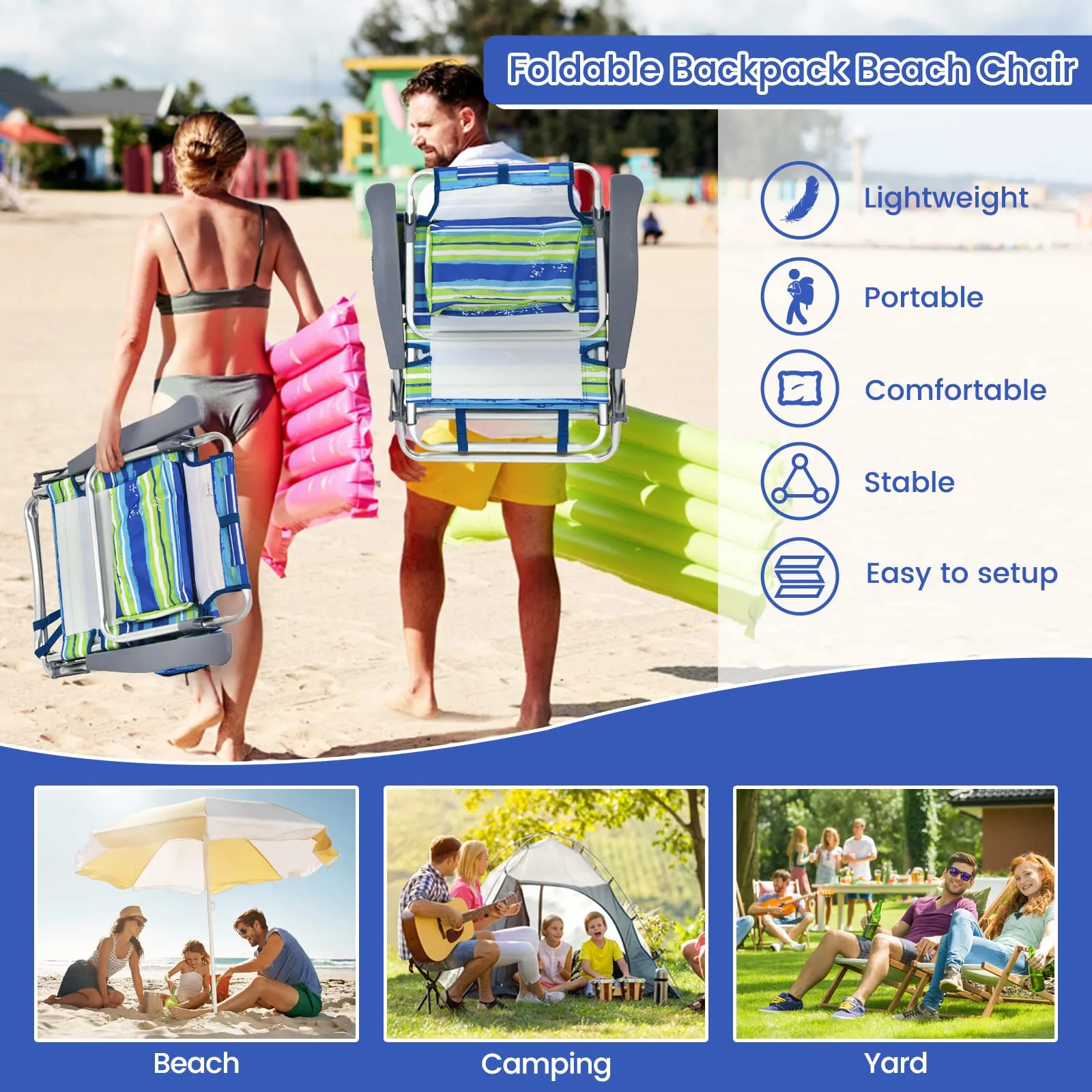 Tangkula Set of 2 Backpack Beach Chair, 5-Position Lay Flat Beach Chairs with Cooler Bag