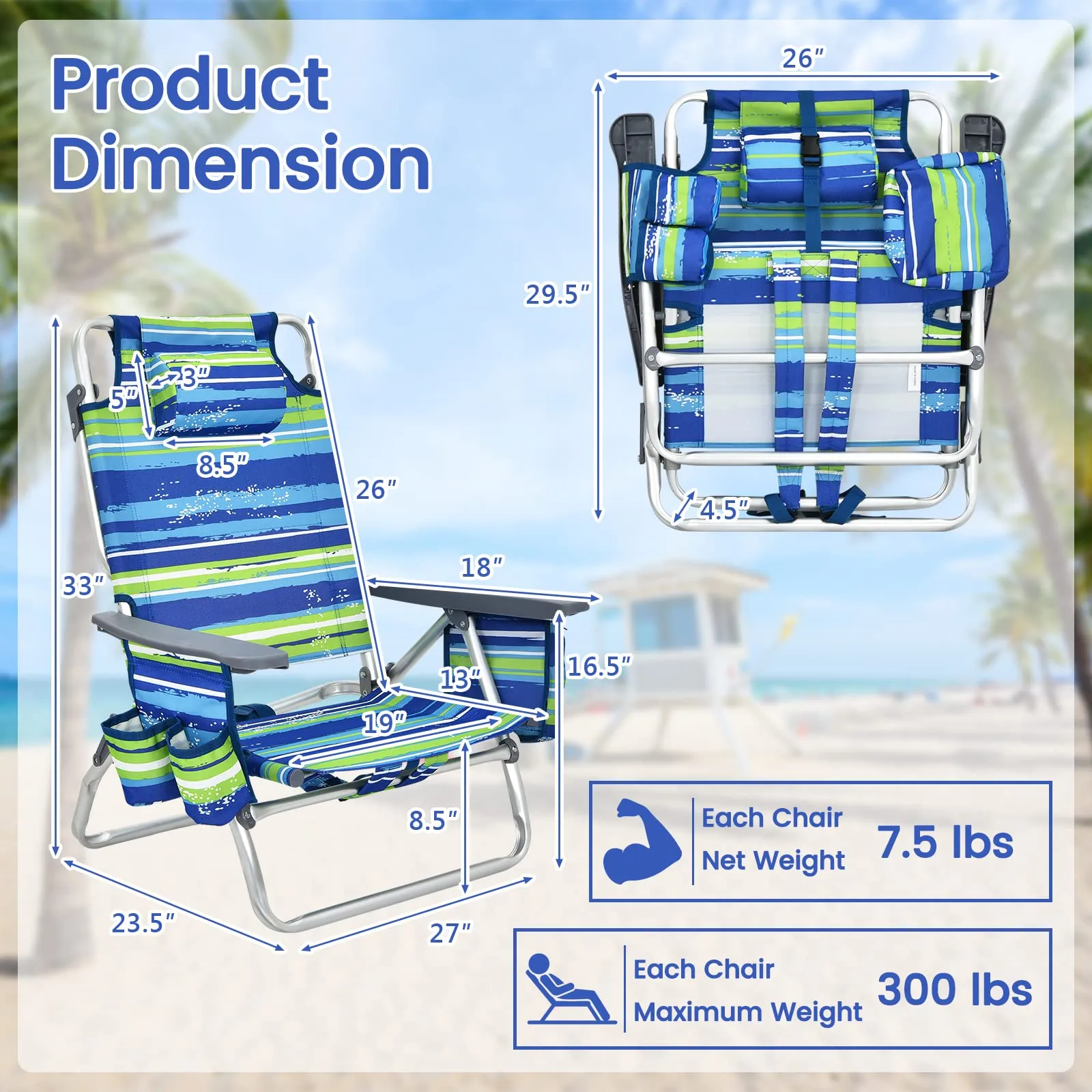 Tangkula Set of 2 Backpack Beach Chair, 5-Position Lay Flat Beach Chairs with Cooler Bag