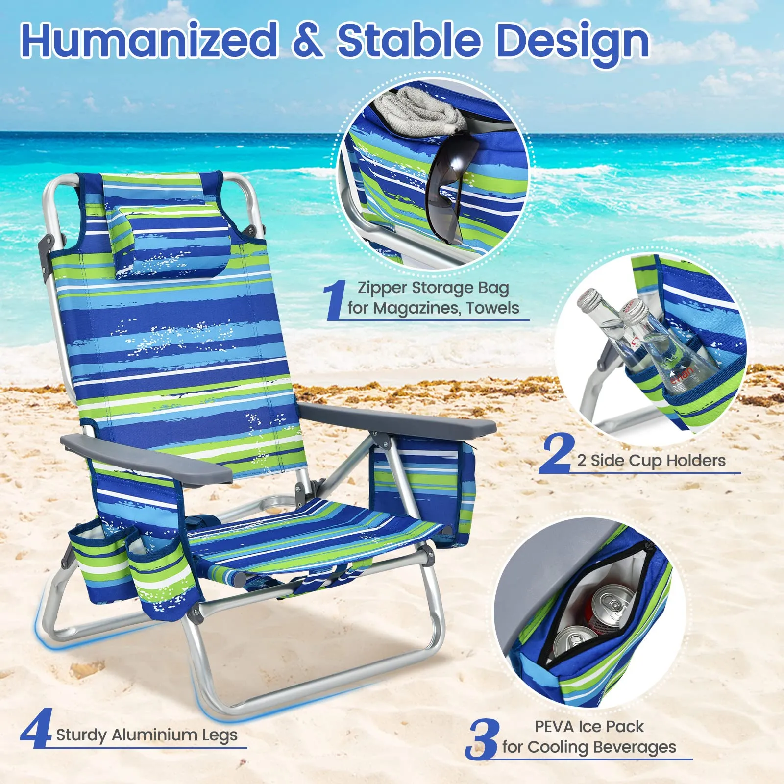 Tangkula Set of 2 Backpack Beach Chair, 5-Position Lay Flat Beach Chairs with Cooler Bag