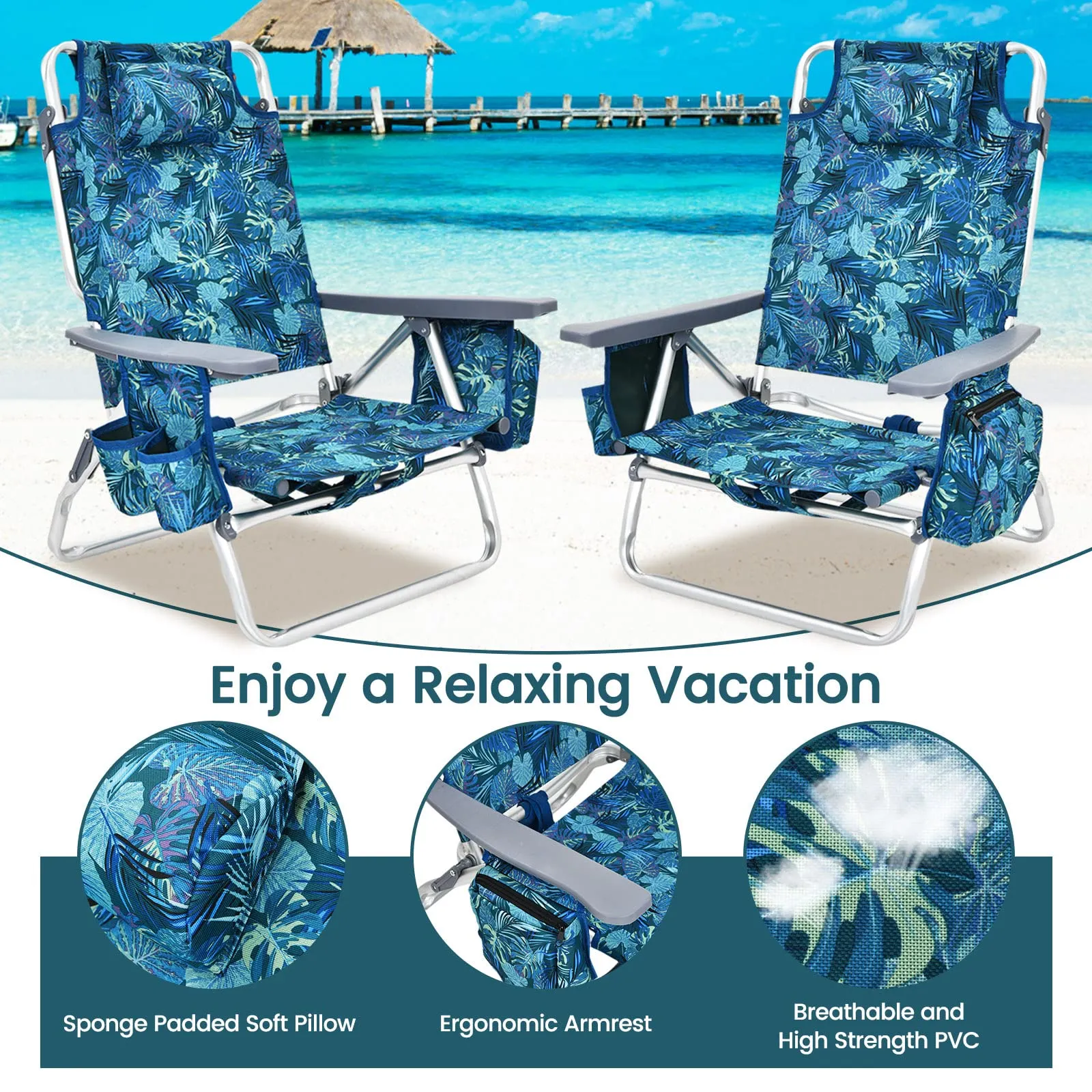 Tangkula Set of 2 Backpack Beach Chair, 5-Position Lay Flat Beach Chairs with Cooler Bag