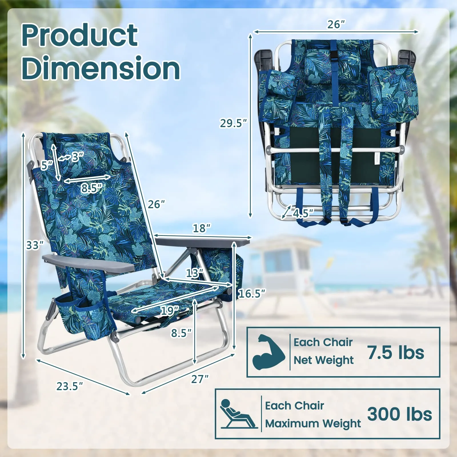 Tangkula Set of 2 Backpack Beach Chair, 5-Position Lay Flat Beach Chairs with Cooler Bag