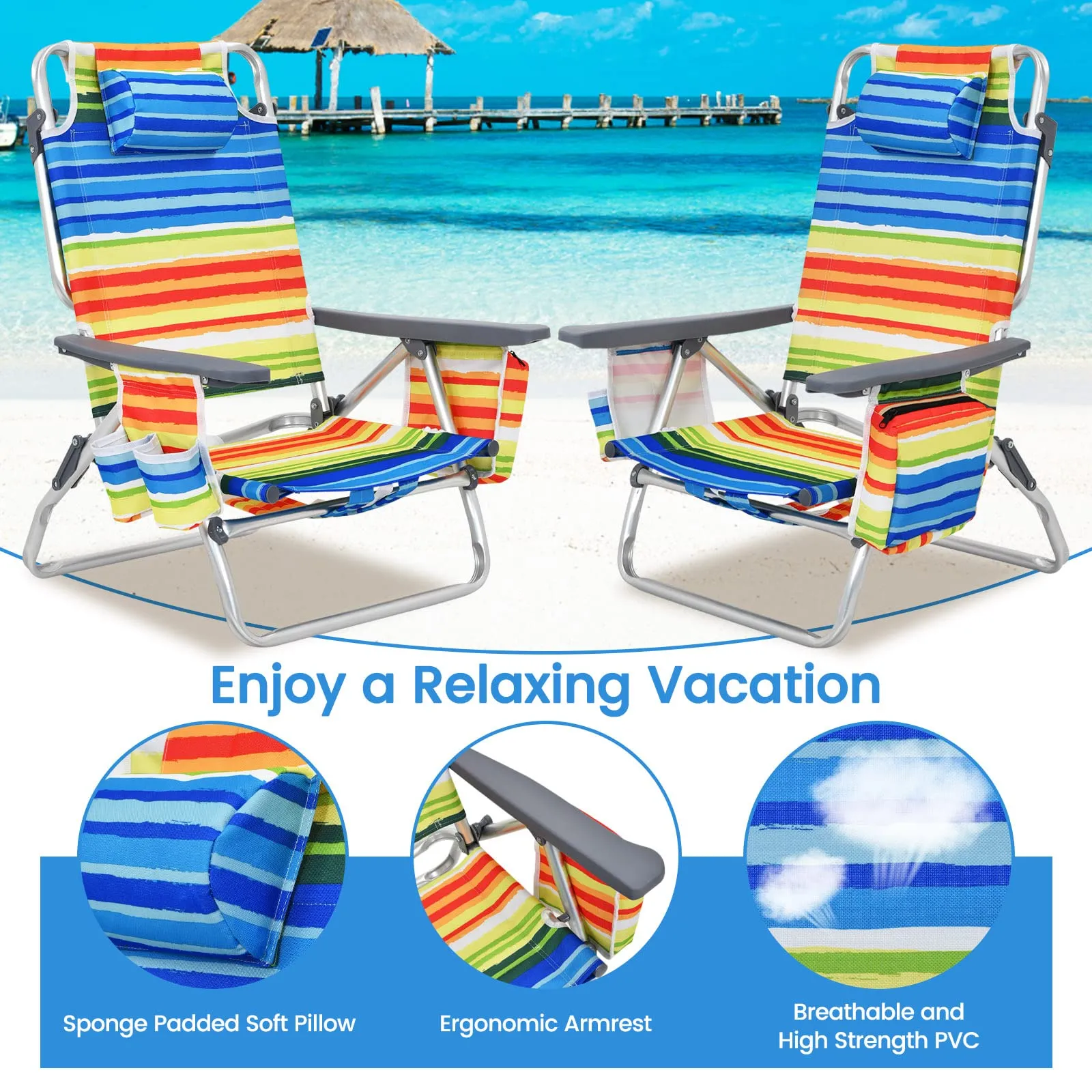 Tangkula Set of 2 Backpack Beach Chair, 5-Position Lay Flat Beach Chairs with Cooler Bag