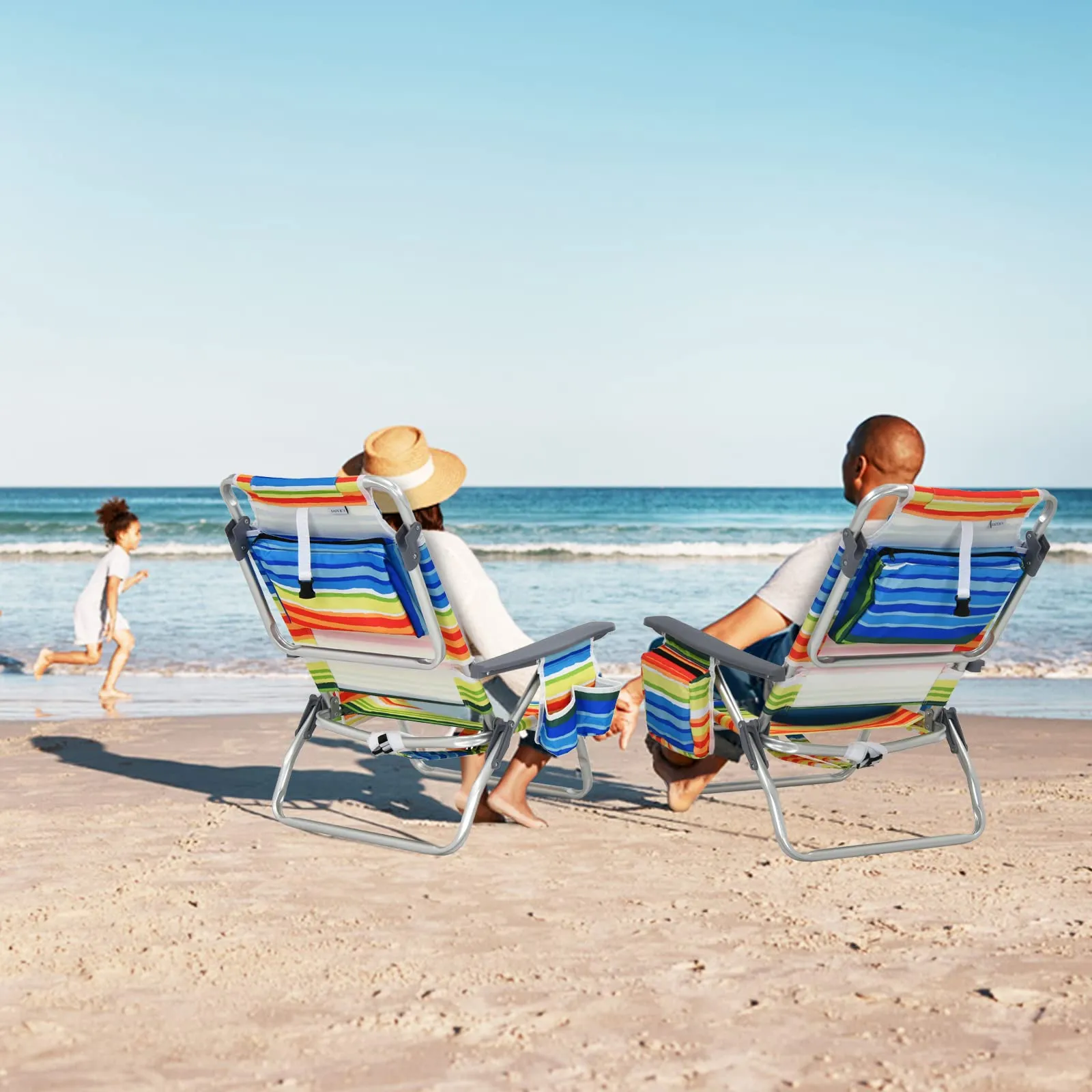 Tangkula Set of 2 Backpack Beach Chair, 5-Position Lay Flat Beach Chairs with Cooler Bag