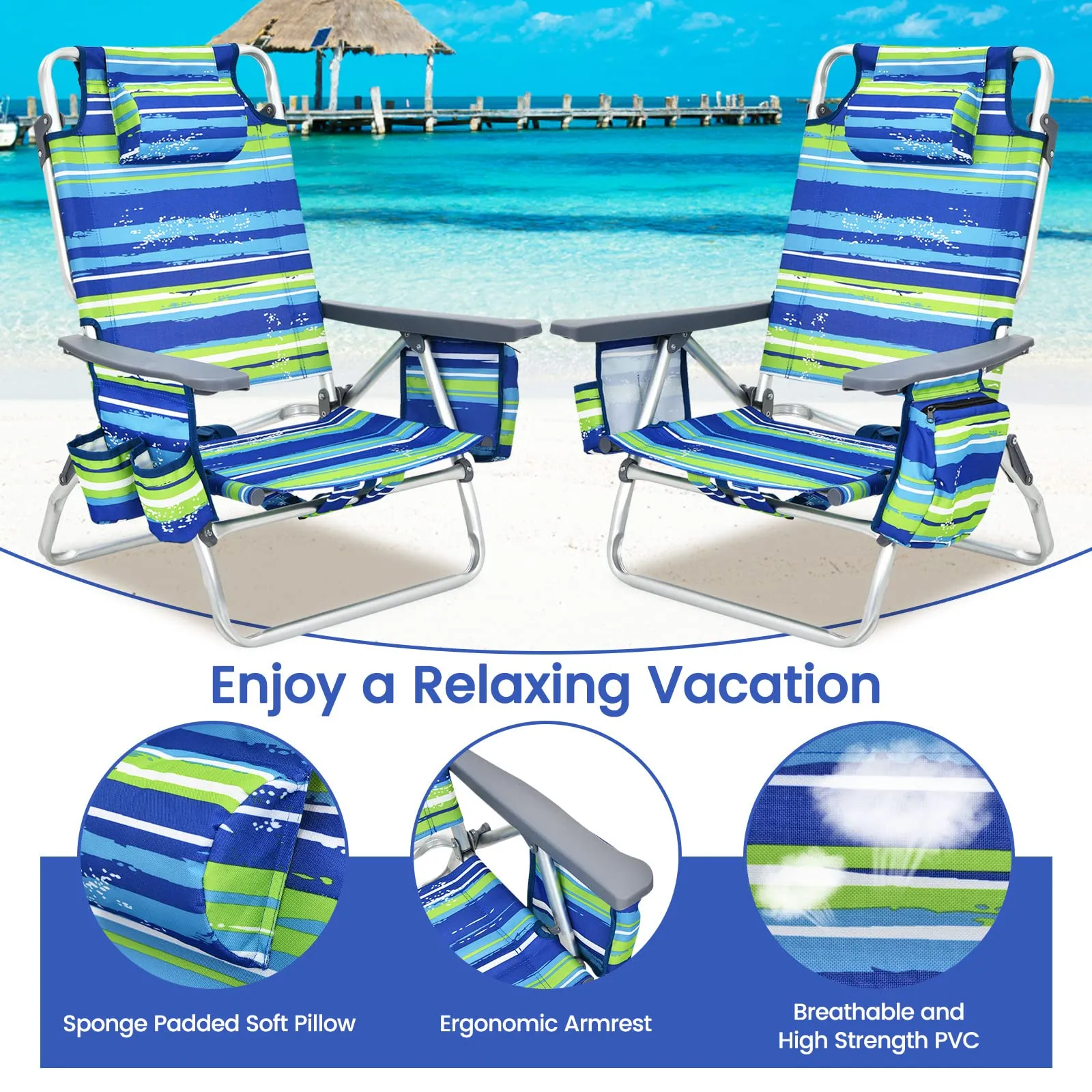 Tangkula Set of 2 Backpack Beach Chair, 5-Position Lay Flat Beach Chairs with Cooler Bag