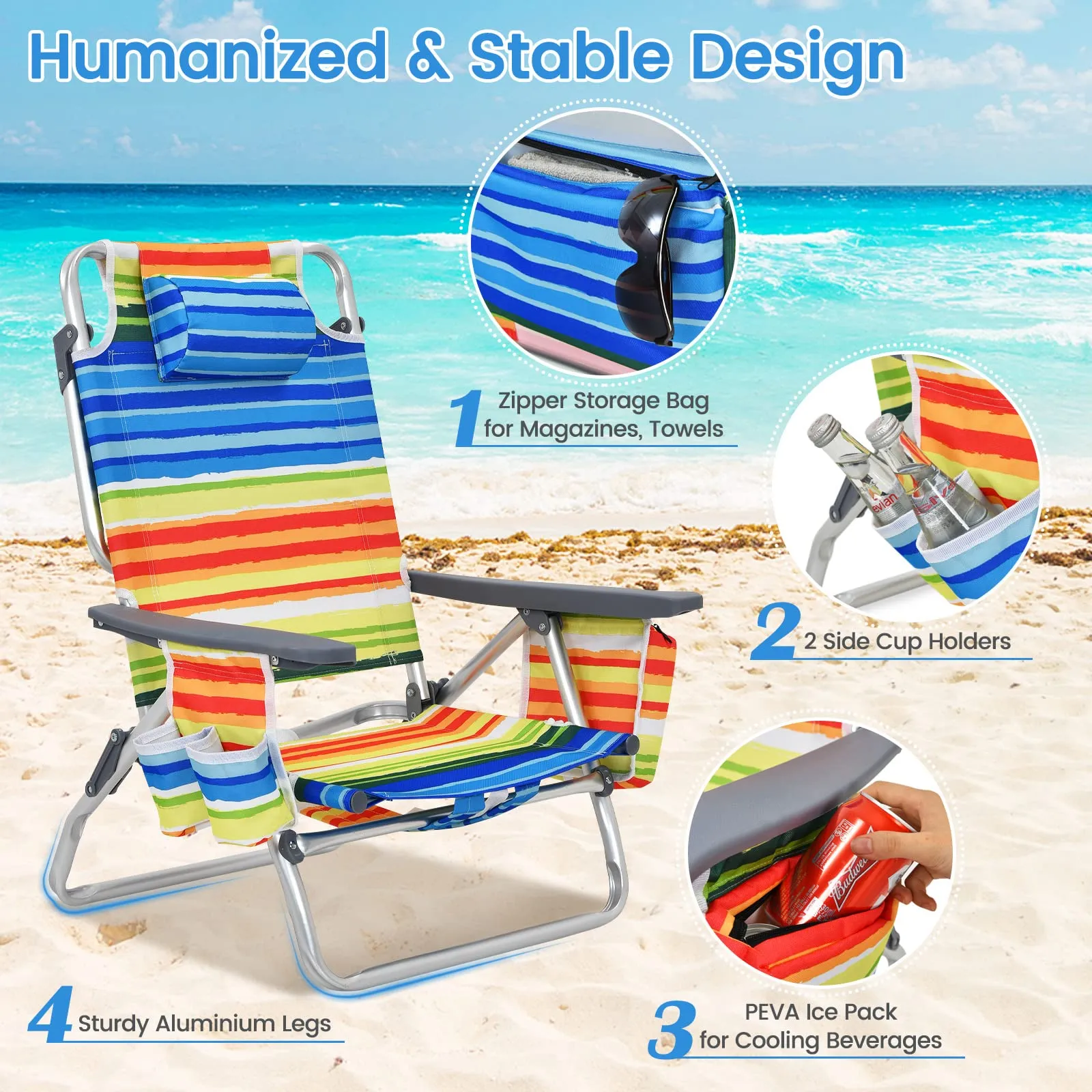 Tangkula Set of 2 Backpack Beach Chair, 5-Position Lay Flat Beach Chairs with Cooler Bag